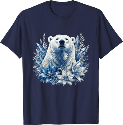 Ice Blue Snow Polar Bear with Winter Flowers T-Shirt
