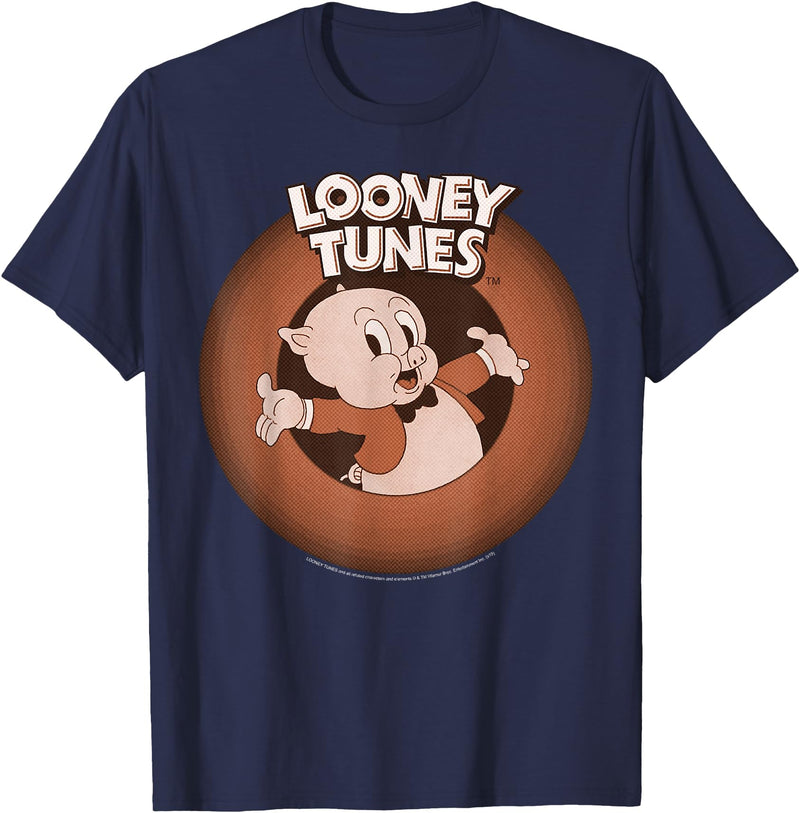 Looney Tunes Porky Pig Classic Logo Portrait T-Shirt - Navy Blue