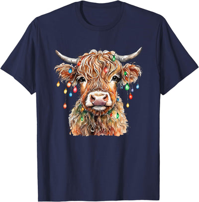 Men Kids Fluffy Scottish Highland Cow with Xmas Lights T-Shirt