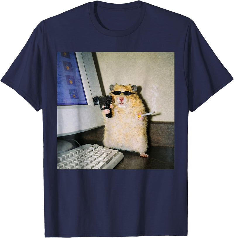 Funny Hamster Meme Cyber Hamster Meme Smoking Humor Computer T-Shirt - Navy Blue
