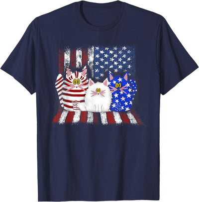 Three Cats American Flag - Blue - Cat - White - Cat - Red - T-Shirt