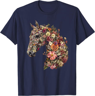 Horse Lover Gifts Floral Horse T-Shirt - Unisex-Adult, Classic Fit, Black, Small, Short Sleeve, Cotton Blend, Floral Pattern - Navy Blue
