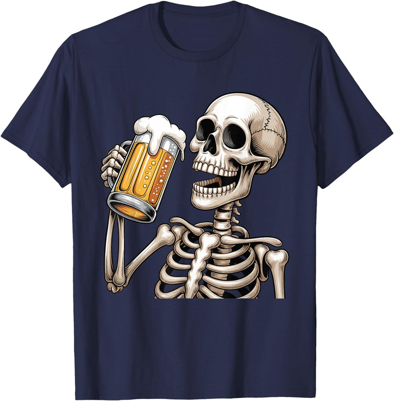Halloween Skull Skeleton Drinking Beer Funny Kids Skeleton Drinking Beer Halloween Spooky Season Mens Womens T-Shirt - Navy