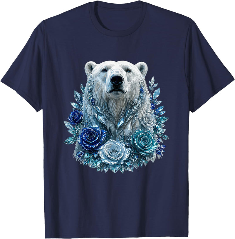 Arctic Polar Bear Crystal Rose Winter Spirit Majestic Polar Bear with Blue Ice Crystal Roses T-Shirt - Navy Blue