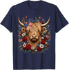 Funny July 4th Highland Cow Farm Lovers Highland Cow Florals 4th of July USA Flag Patriotic Women T-Shirt - Navy Blue
