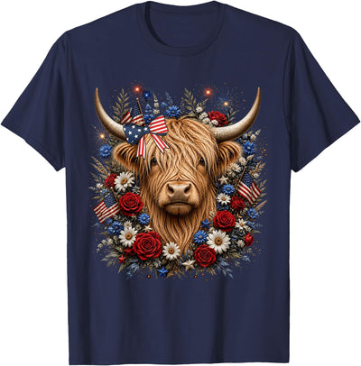 Funny July 4th Highland Cow Farm Lovers Florals 4th of July T-Shirt
