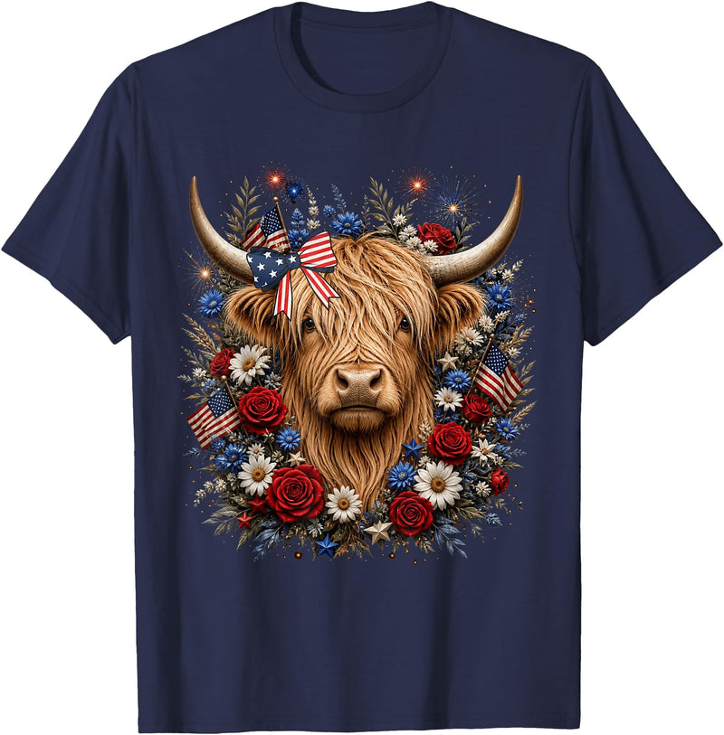 Funny July 4th Highland Cow Farm Lovers Highland Cow Florals 4th of July USA Flag Patriotic Women T-Shirt - Navy Blue