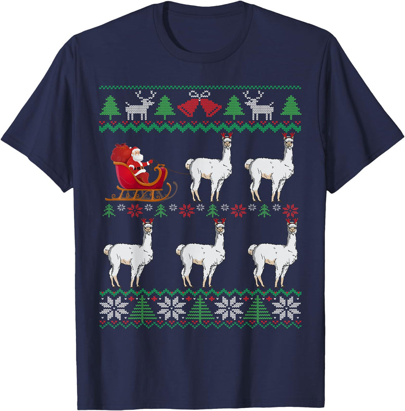 Parabolic Christmas Llama Pulling Santa Sleigh Funny Llama Lover Ugly Christmas T-Shirt - Navy Blue