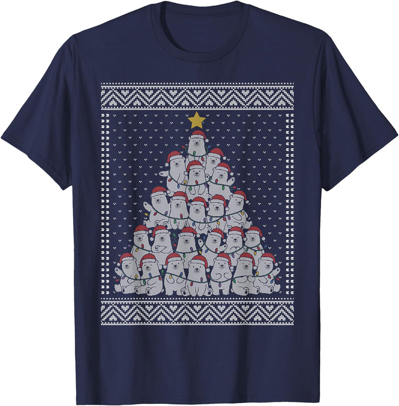 White bear Christmas tacky sweater Polar Bear Christmas Tree Ugly Sweater T-Shirt - Navy Blue