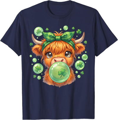 Patricks Day Highland Cow Blowing Bubblegum Celebrate T-Shirt