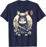Japanese Samurai Ninja Rabbit Tattoo Japanese Kawaii Art T-Shirt in Navy Blue