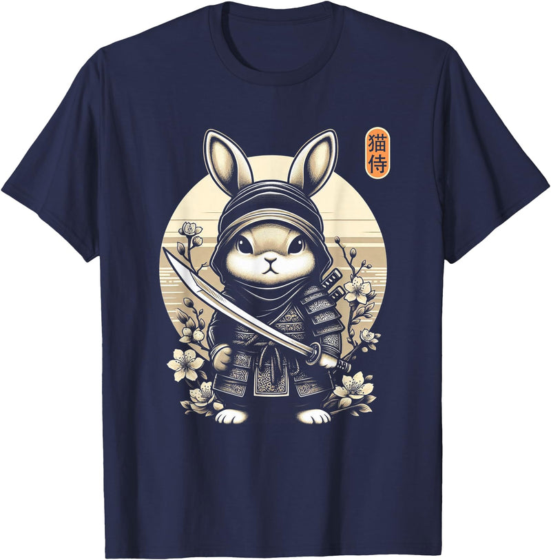 Japanese Samurai Ninja Rabbit Tattoo Japanese Kawaii Art T-Shirt in Navy Blue