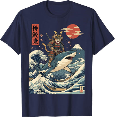 Cat Japanese Warrior Katana Funny Graphic Samurai Cat Riding Shark Japan T-Shirt