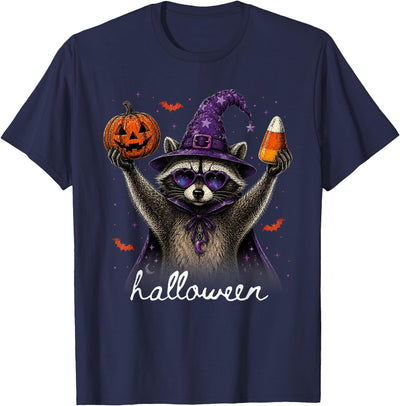 Raccoon Halloween Costume Boys Girls Kids Youth Funny Halloween Raccoon Witch Hat Pumpkin Spooky Season T-Shirt