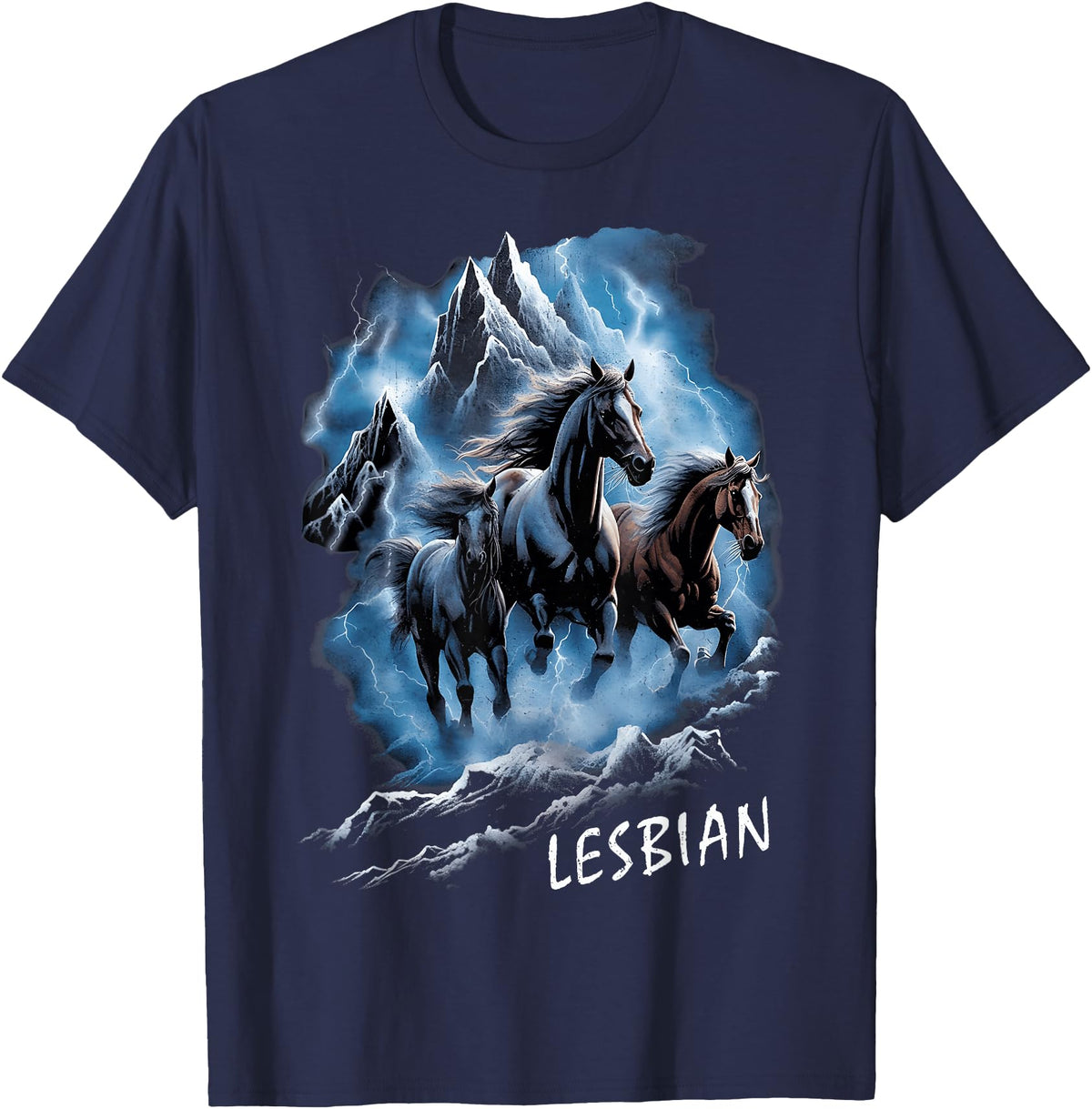 Horses Running Through Lightning Lesbian 90s Vintage Pride T-Shirt - Navy Blue