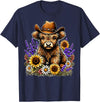 Funny Scottish Highland Cow Highland Cow Cowboy Hat Sunflower Wildflower Country Western T-Shirt - Navy Blue