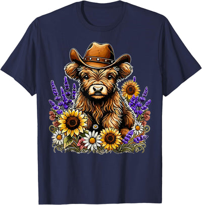 Funny Scottish Highland Cow Cowboy Hat Sunflower Wildflower T-Shirt