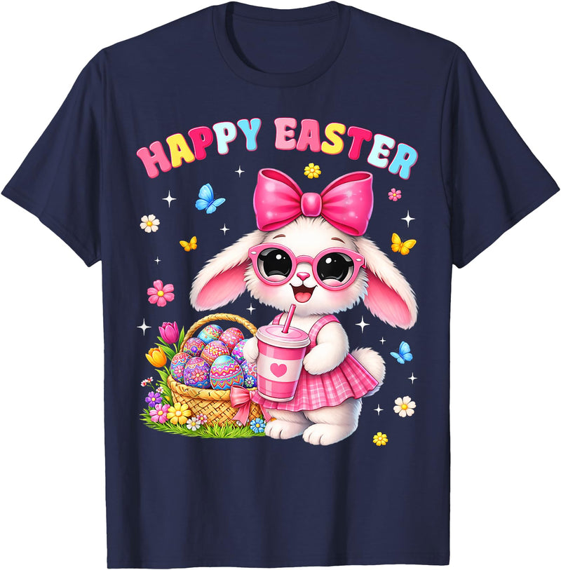 Happy Easter Coquette Easter Egg Rabbit Bunny Women Girl Kid T-Shirt in Navy Blue