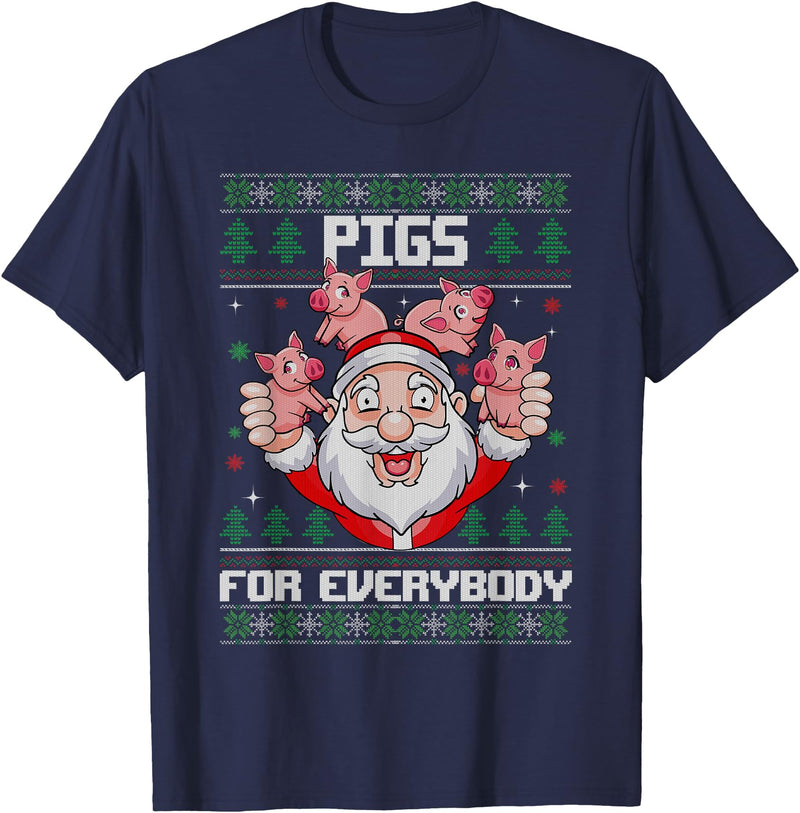 Christmas Santa with Pigs for Everybody Pigs for Everybody Men Women Santa Pig Ugly Christmas T-Shirt - Navy Blue
