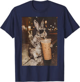 Rabbit Drinking Iced Coffee Funny Easter Bunny Men Women T-Shirt in Navy Blue