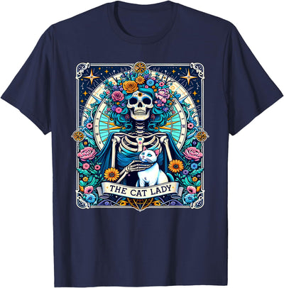 The Reader Skeleton Book Lover Tarot Card Women The Cat Lady Skeleton Book Lover Tarot Card Reader T-Shirt
