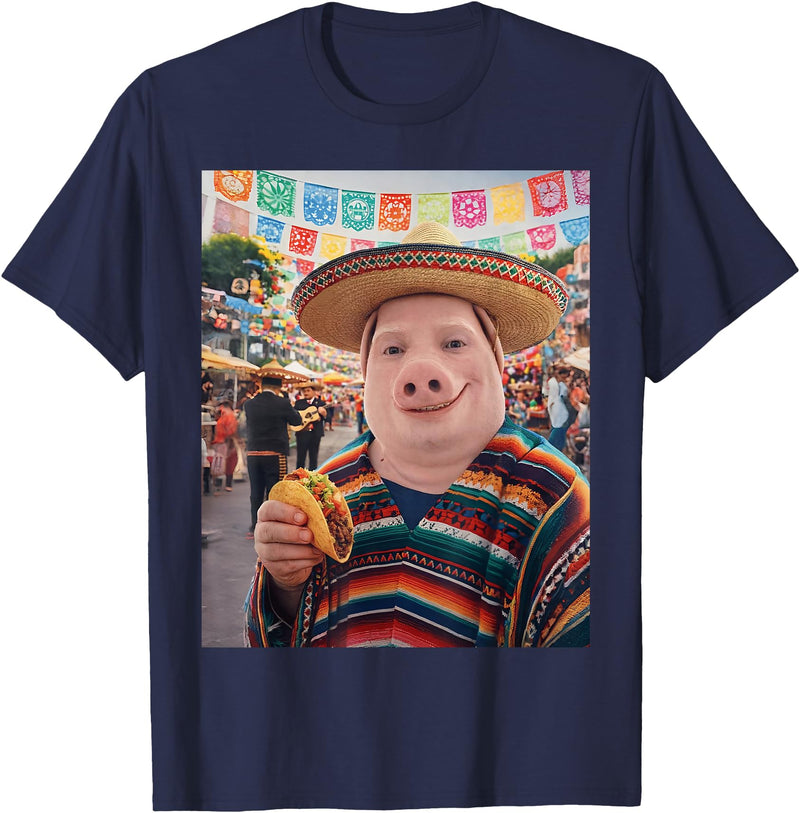 Pig John Pork Mexico Meme John Pork Funny Pig Man Mexican Fiesta Cinco de Mayo Taco T-Shirt - Navy Blue
