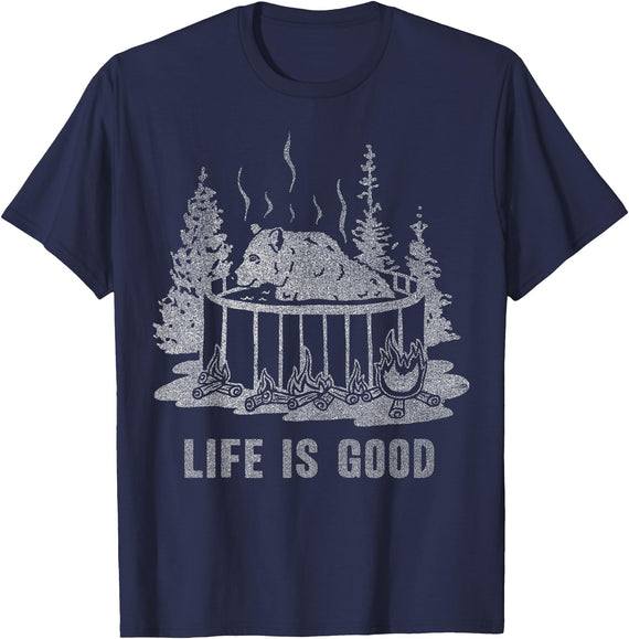 Trendy Apparel Life Is Good Hot Tub Bear Woods Explore Vintage T-Shirt - Navy Blue