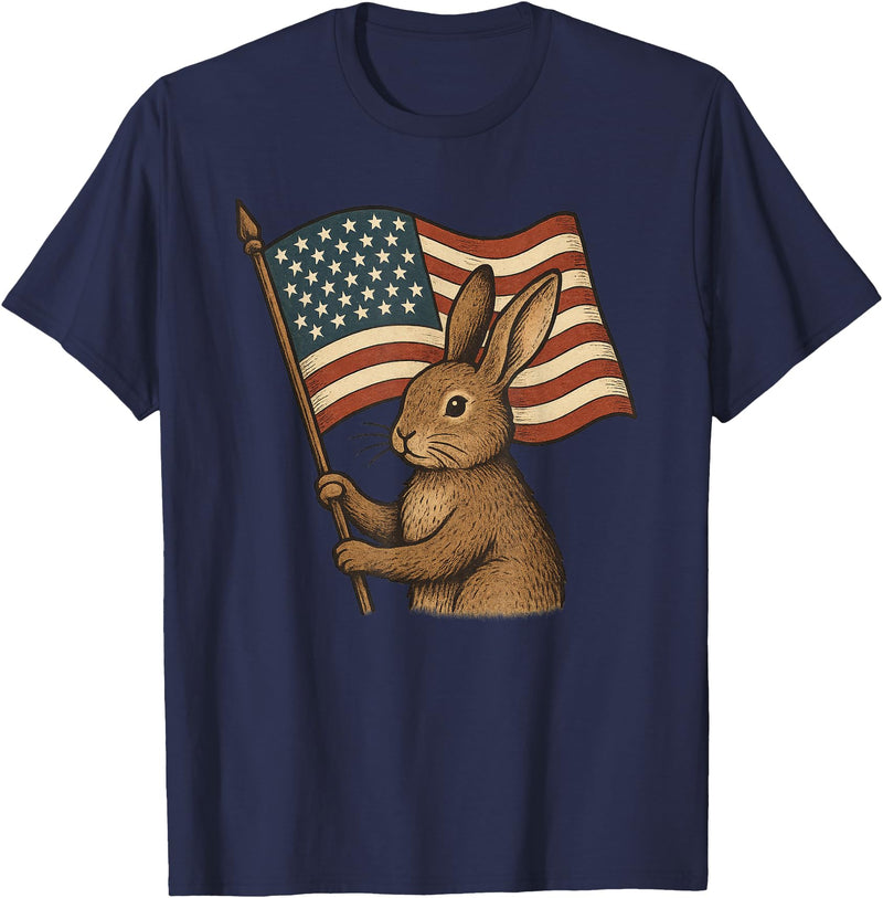 Rabbit Bunny American Flag 4th of July T-Shirt in Navy Blue