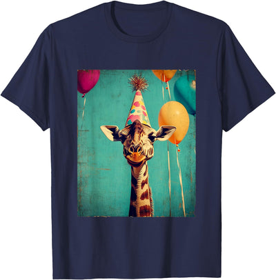 Unisex-Kids Retro Art Print Giraffe Birthday Party T-Shirt Black Short Sleeve Small