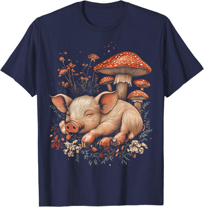 Sleeping Pig Among Mushrooms Cottagecore T-Shirt