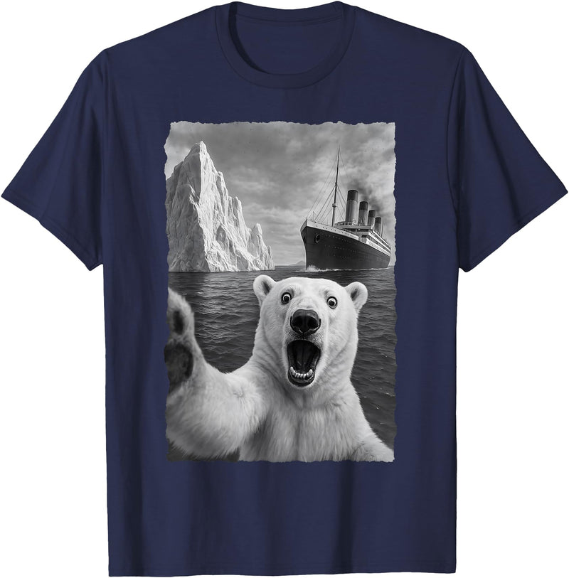 Funny Polar Bear Selfie Titanic T-Shirt - Navy Blue