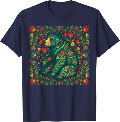 Scandinavian Folk Art Bear Floral Pattern Nordic Animal T-Shirt