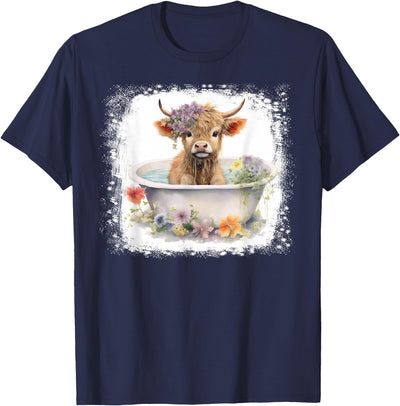 Vintage Baby Highland Cow in Tub Bathtub Floral Flowers T-Shirt