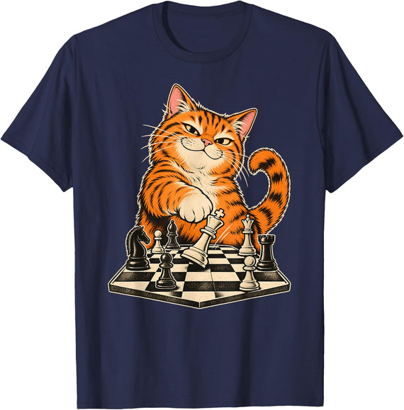 Chess Cat Checkmate Funny Chess Player Cat Lover Gift T-Shirt - Navy Blue
