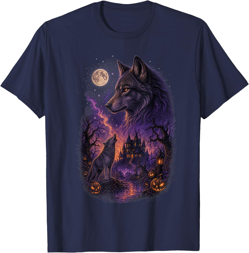 Retro Howling to The Moon Vintage Wolf Halloween Wolf Howling to The Moon Vintage 90s Wolf Funny Halloween T-Shirt - Navy