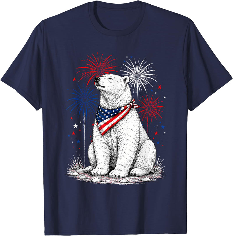Polar Bear America's 250th 4th of July Outfit Polar Bear America's 250th Patriotic Fireworks Animal Lovers T-Shirt - Navy Blue