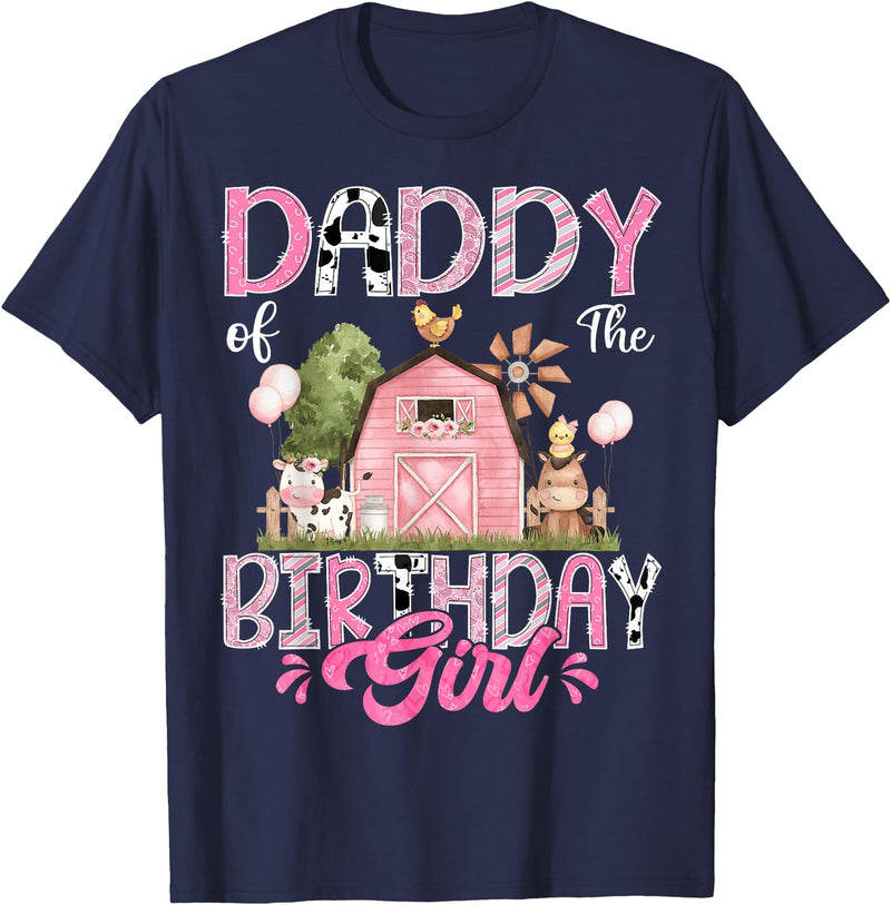 Famer Pink Cow Birthday Matching Tees Daddy Of The Birthday Girl 1St Birthday Pink Farm T-Shirt - Navy Blue