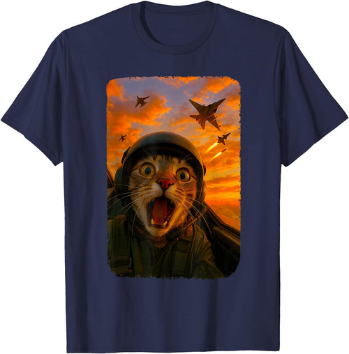 Funny Cats Fighter Jet Pilot Kitties Selfies Funny Screaming Cat Fighter Jet Pilot Kitty Selfie T-Shirt - Navy Blue