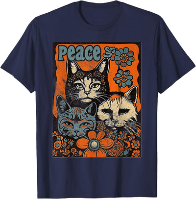 Cat Funny 60s 70s Hippie Vintage Flowers Groovy Psychedelic Men Women T-Shirt