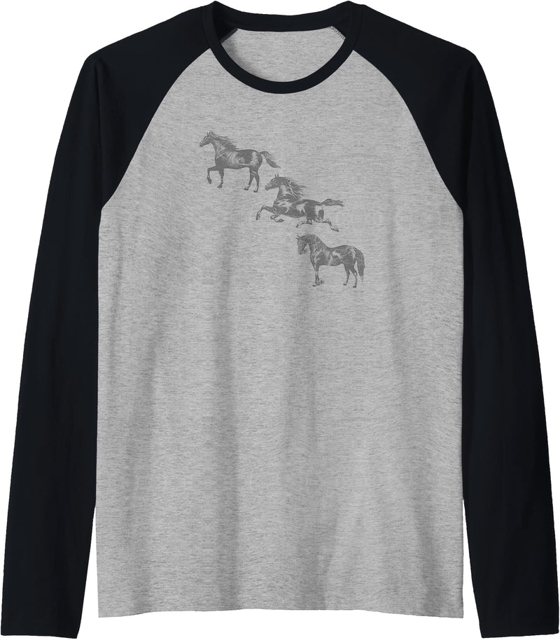 Trendy Apparel Trendy Classic Centered Horses Stacked Raglan Baseball Tee - Black/Athletic Heather