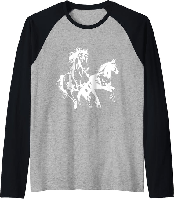 Horse Love Designs Two Horses in White Outline Raglan Baseball Tee - Black/Athletic Heather