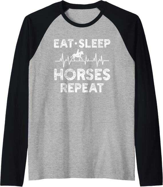 Eat Sleep Horses Repeat Horseback Riding Horses Raglan Baseball Tee - Black/Athletic Heather