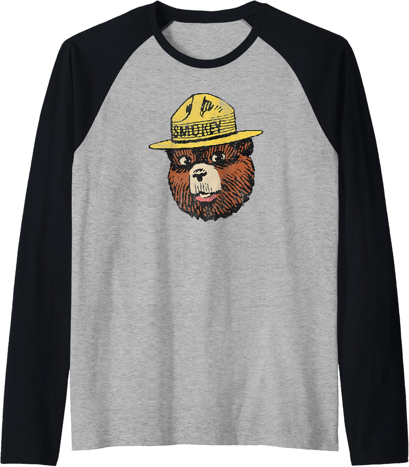 Smokey Bear Vintage Smokey Head Raglan Baseball Tee - Black/Athletic Heather
