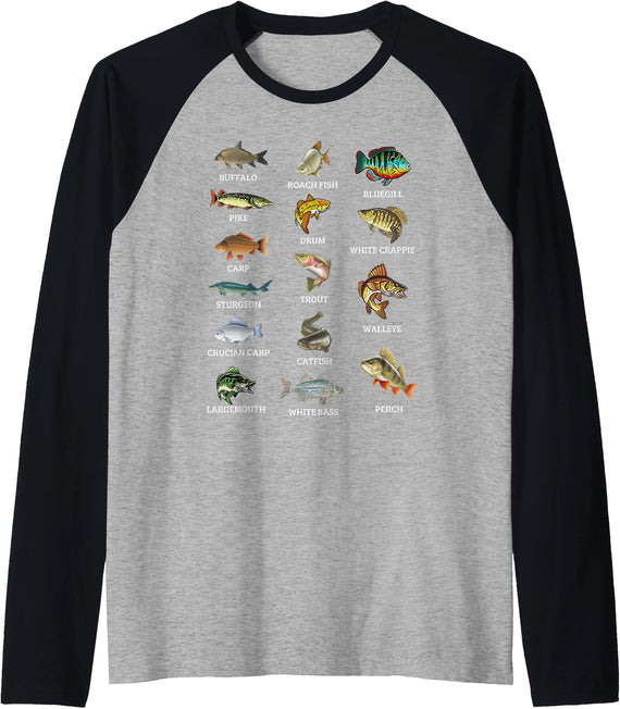 Fishing Gifts For Anglers And Fishermen Types Of Freshwater Fish Species Fishing Fisherman Anglers Raglan Baseball Tee - Black/Athletic Heather
