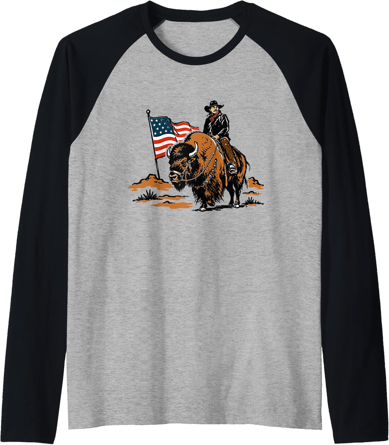 American Cowboy Bison Rodeo Patriotic 4th Of July Retro Western Cowboy Riding Buffalo 4th of July Rodeo Summer Raglan