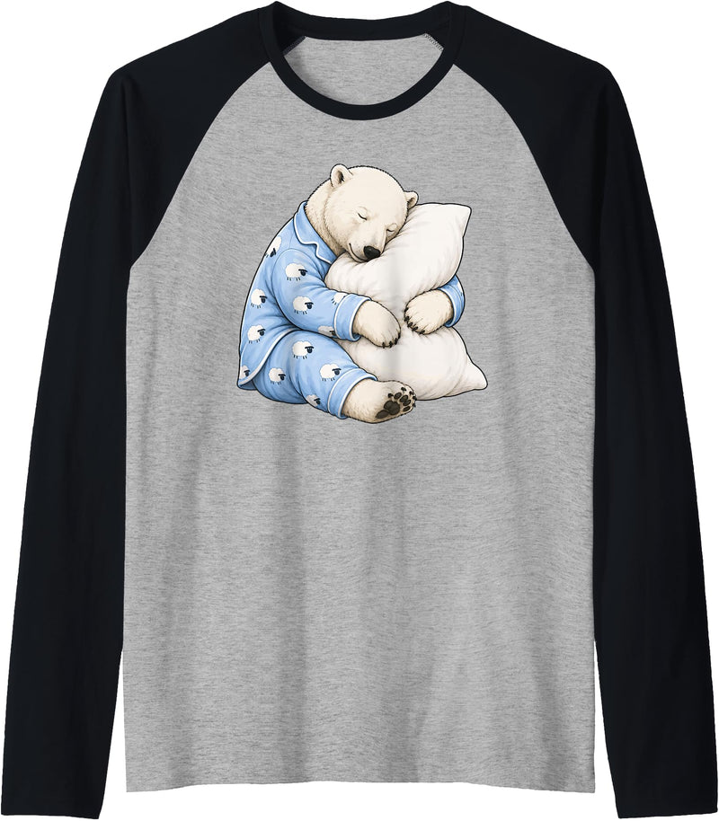 Funny Sleepy Polar Bear Pajama Polar Bear Sleeping in Cute Pajamas Sleep Raglan Baseball Tee - Black/Athletic Heather