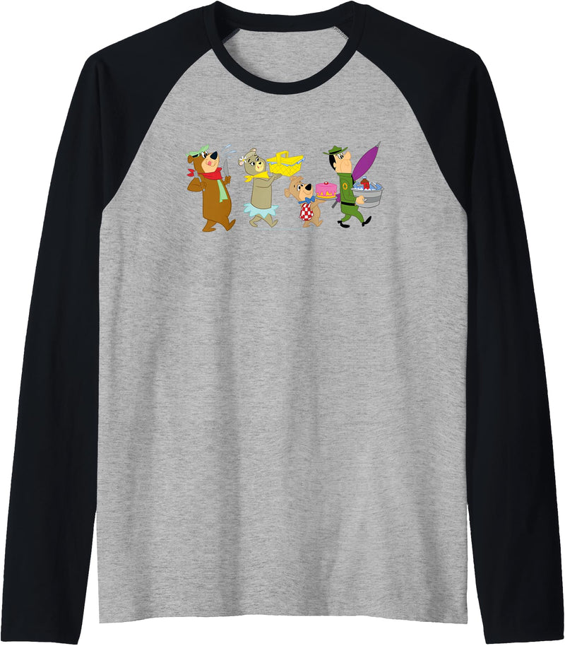 Yogi Bear Marching to the Picnic Raglan Baseball Tee - Black/Athletic Heather