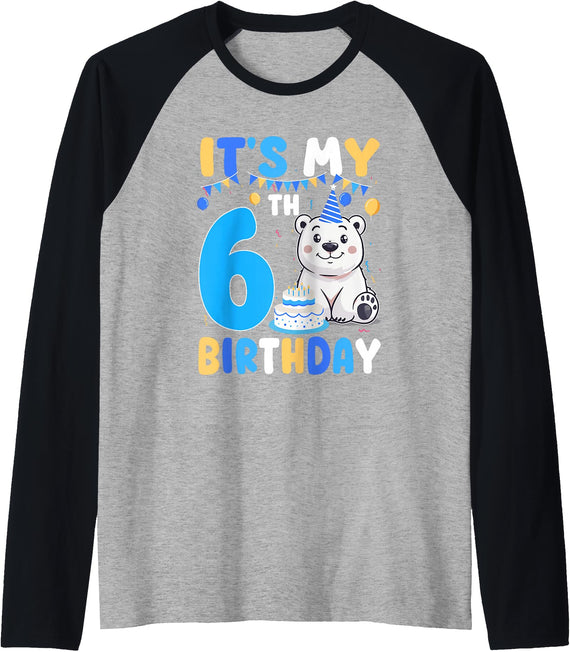 6th Birthday Polar Bear Lover Gift It's My 6th Birthday Polar Bear Themed Party 6 Year Old Raglan Baseball Tee - As Pictured