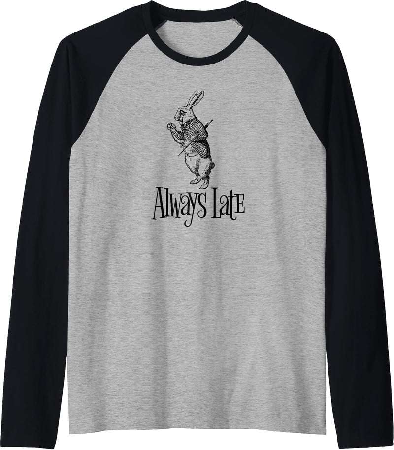 Always Late - White Rabbit Alice Wonderland Raglan Baseball Tee in Black/Athletic Heather