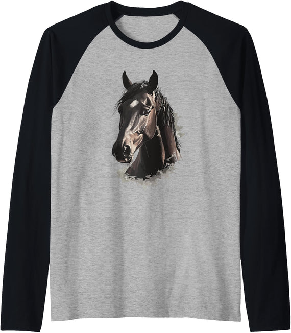 Horse Animal Face Horse Raglan Baseball Tee - Black/Athletic Heather